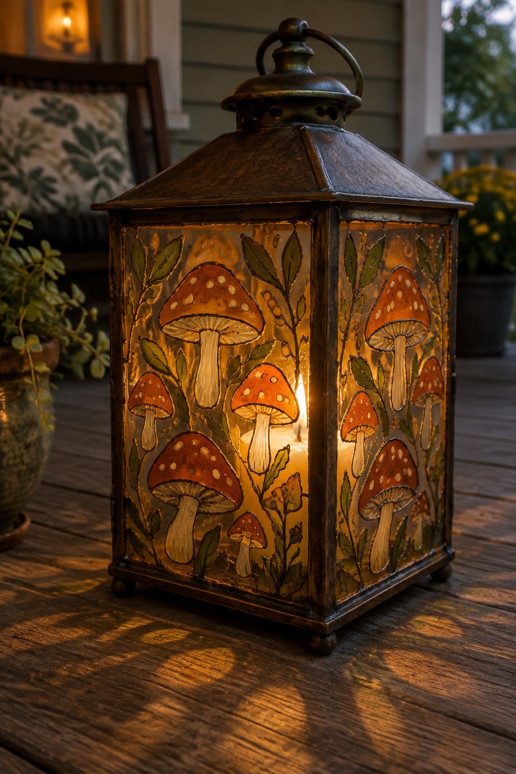 Glowing metal lantern with red mushrooms and green leaves on wooden porch.