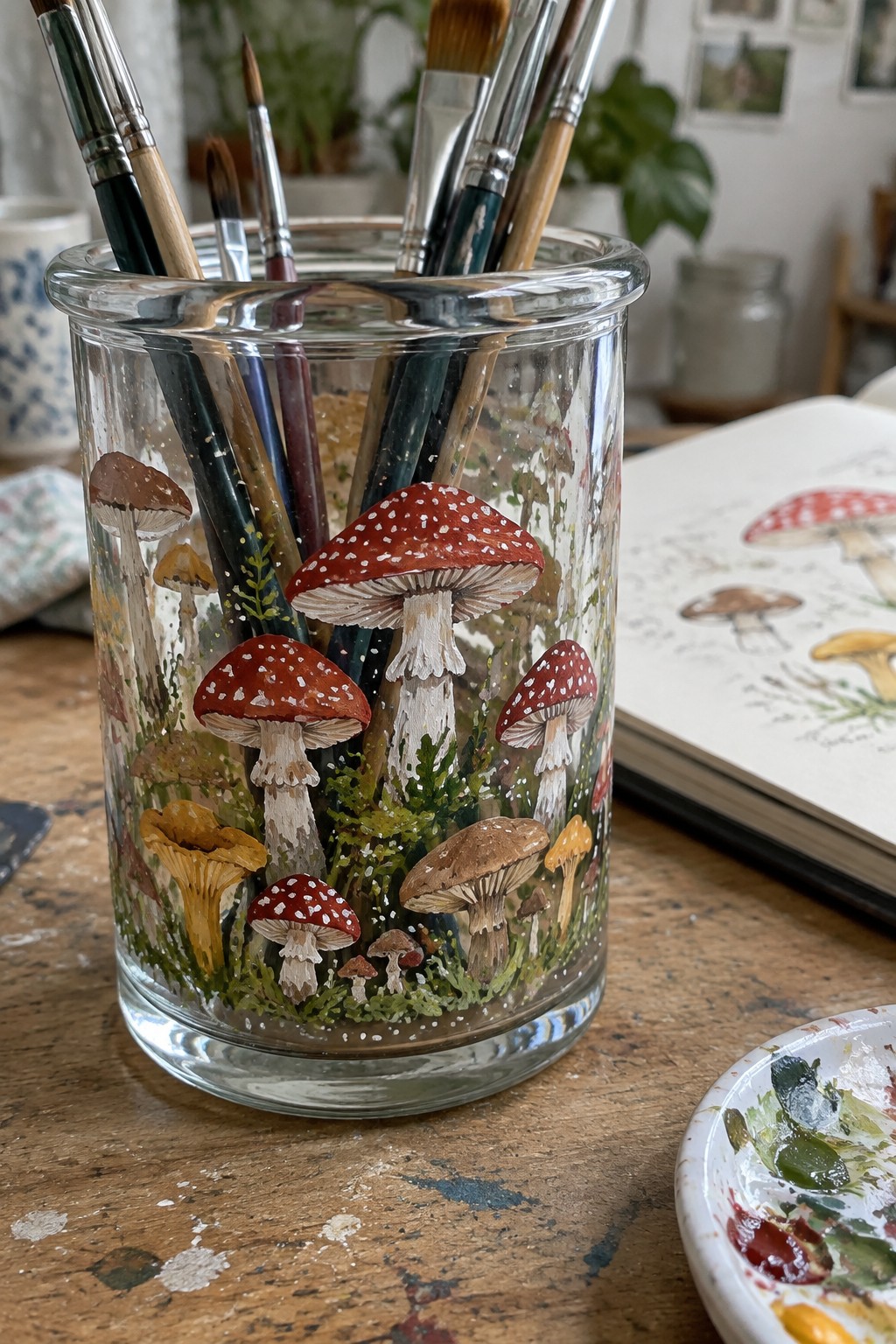 Glass jar painted with red, brown, and yellow mushrooms holding paintbrushes on wooden table