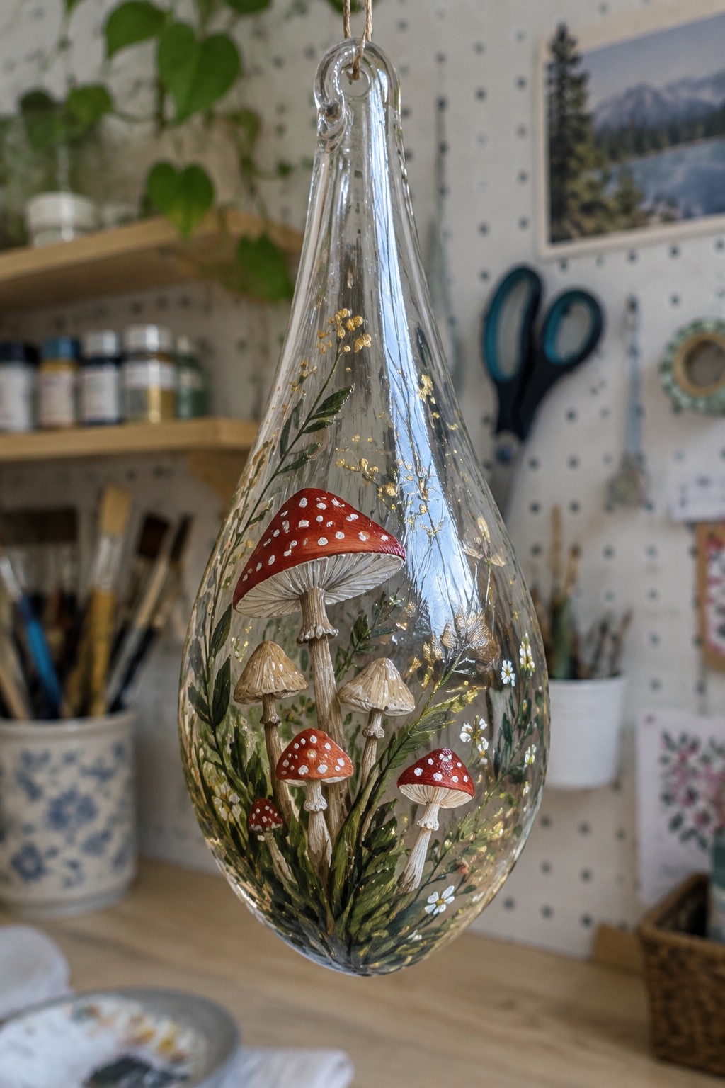 Hanging glass teardrop ornament painted with red mushrooms, foliage, and gold accents