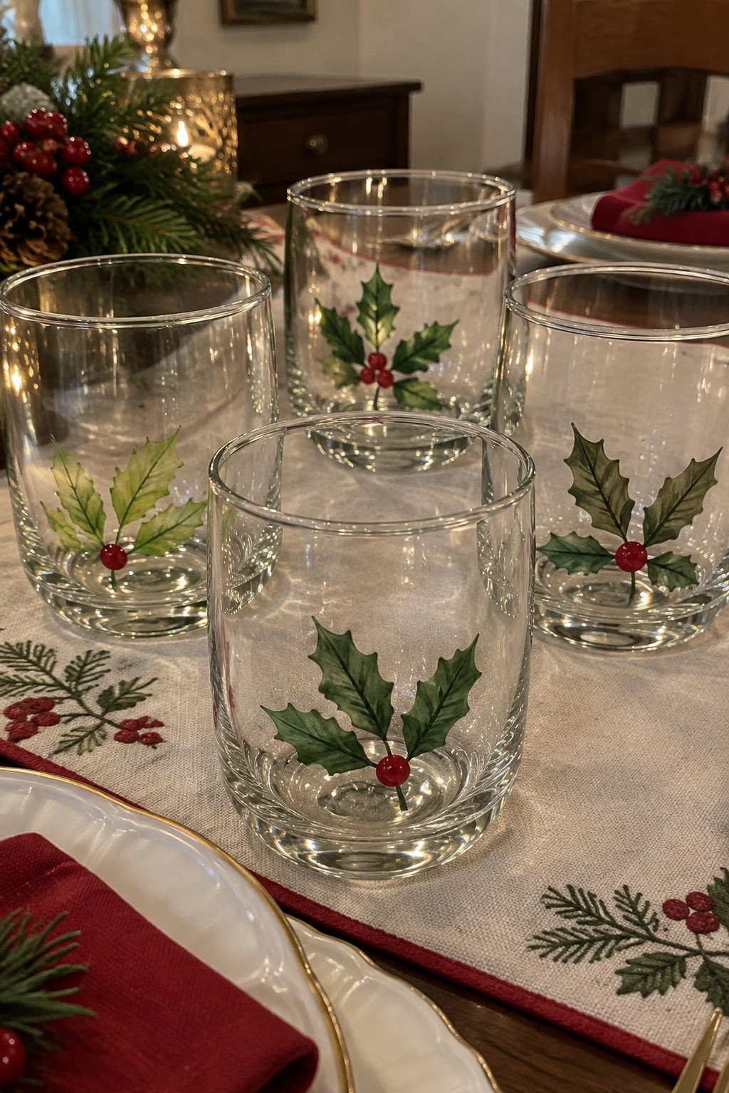 Glass tumblers with holly leaves and berries on festive holiday table setting.