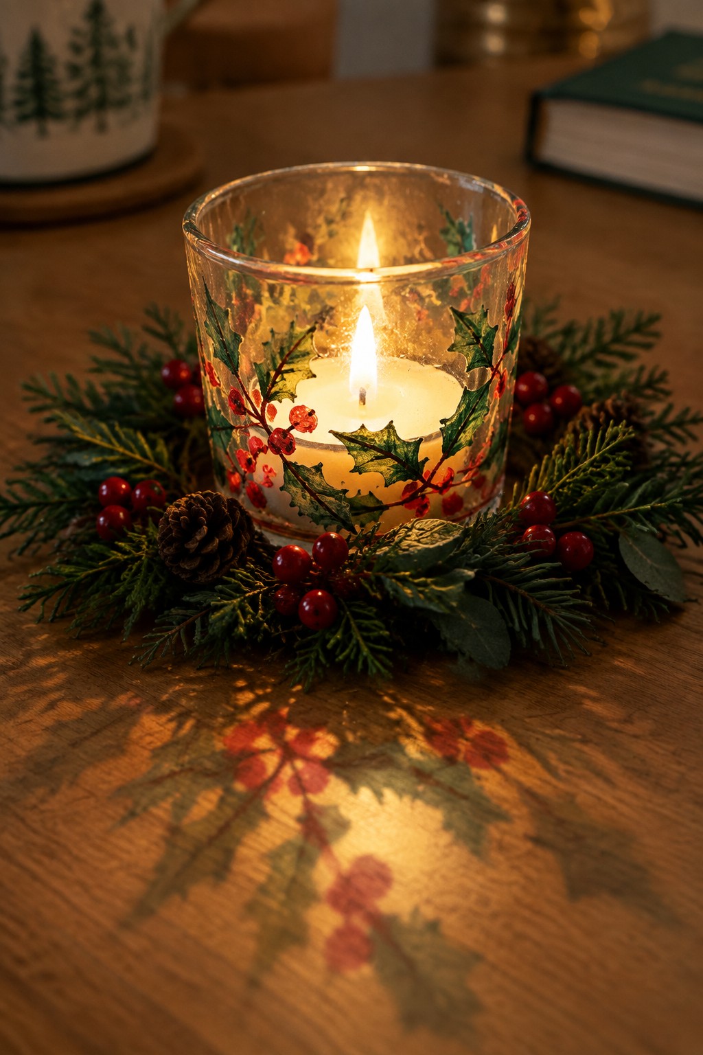 Lit candle in holly glass holder on pine wreath with berries on wooden table