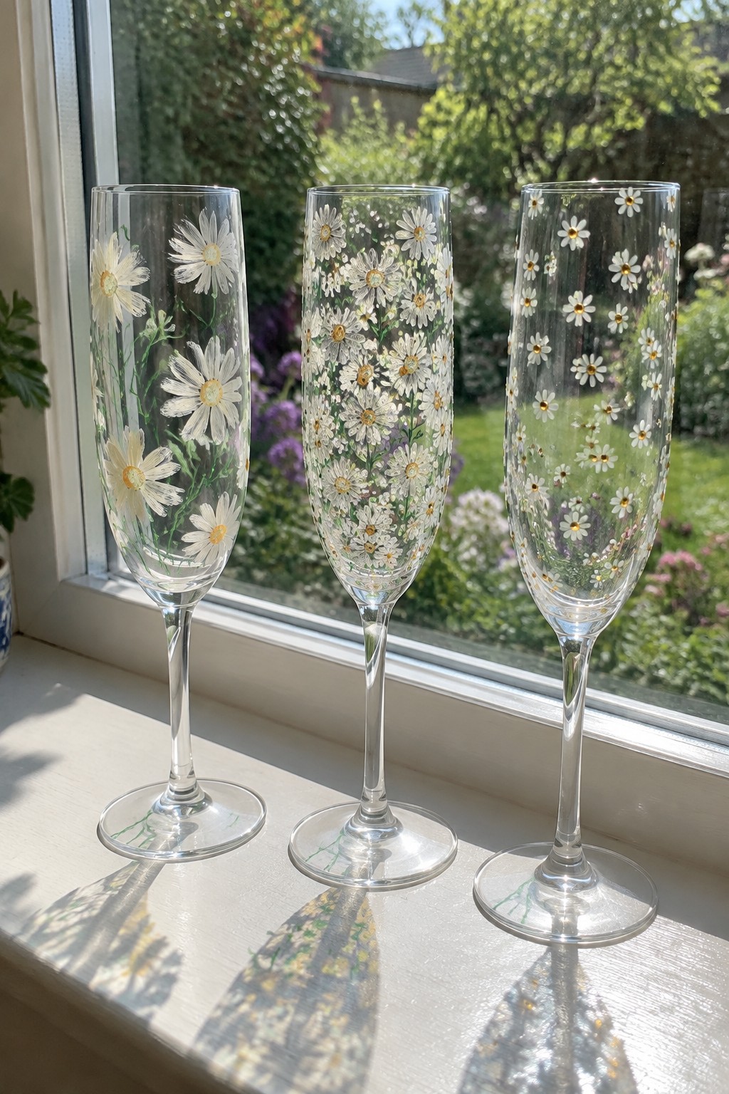 Three daisy-painted champagne flutes on a sunlit windowsill overlooking a garden.