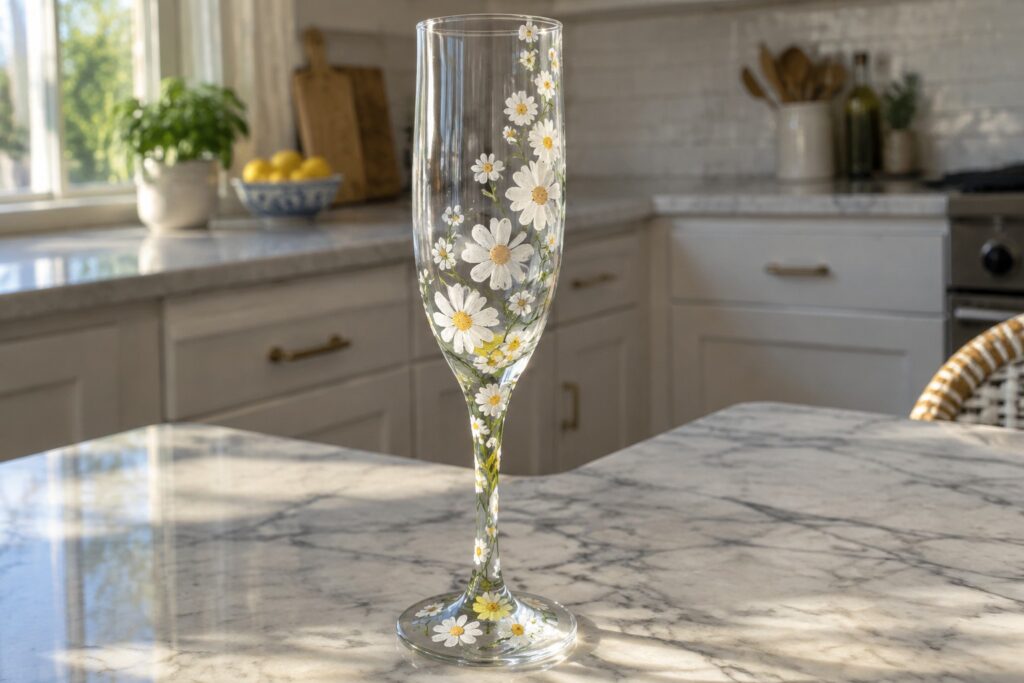 24 Gorgeous Floral Champagne Glass Painting Ideas Featuring Daisies Tall clear champagne flute painted with white daisies on marble countertop.
