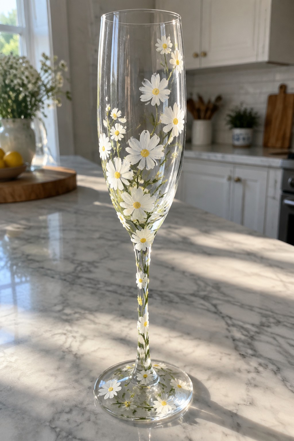 Tall clear champagne flute painted with white daisies on marble countertop.