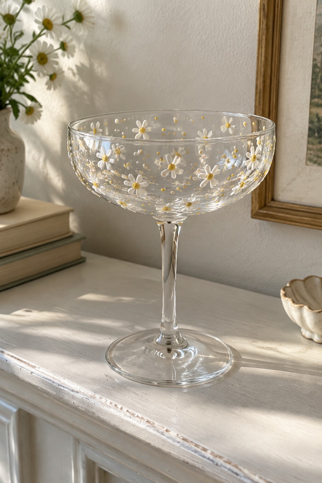 Clear glass coupe with white daisies and gold dots on white wooden table