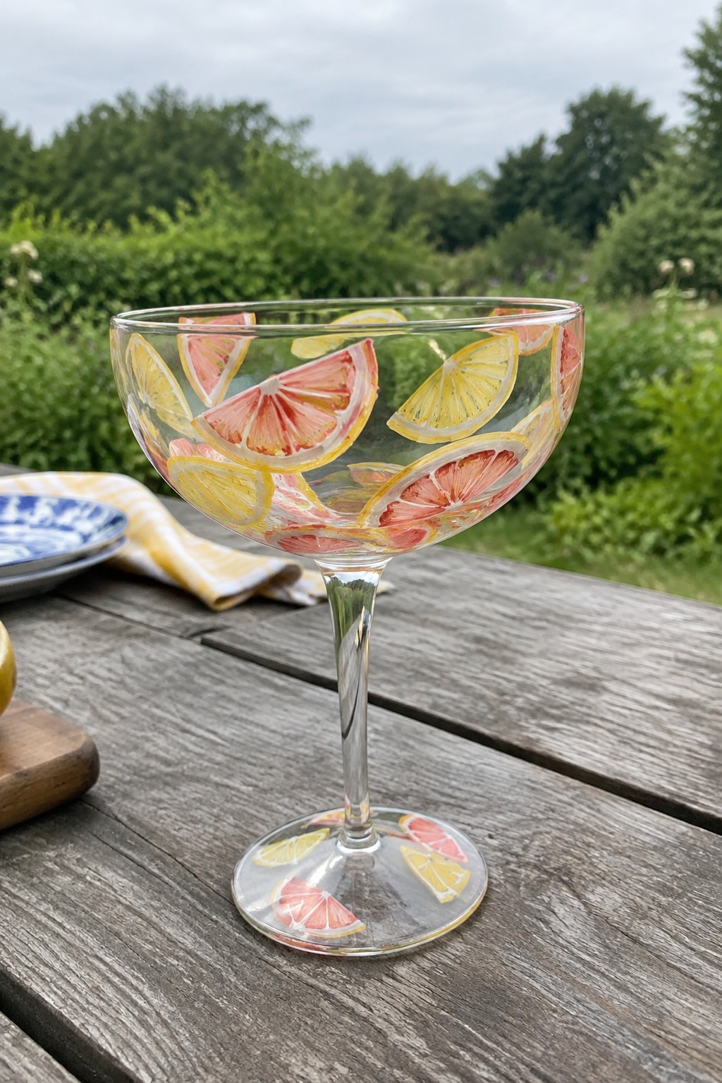 Hand-painted coupe glass with lemon and grapefruit slices on wooden outdoor table