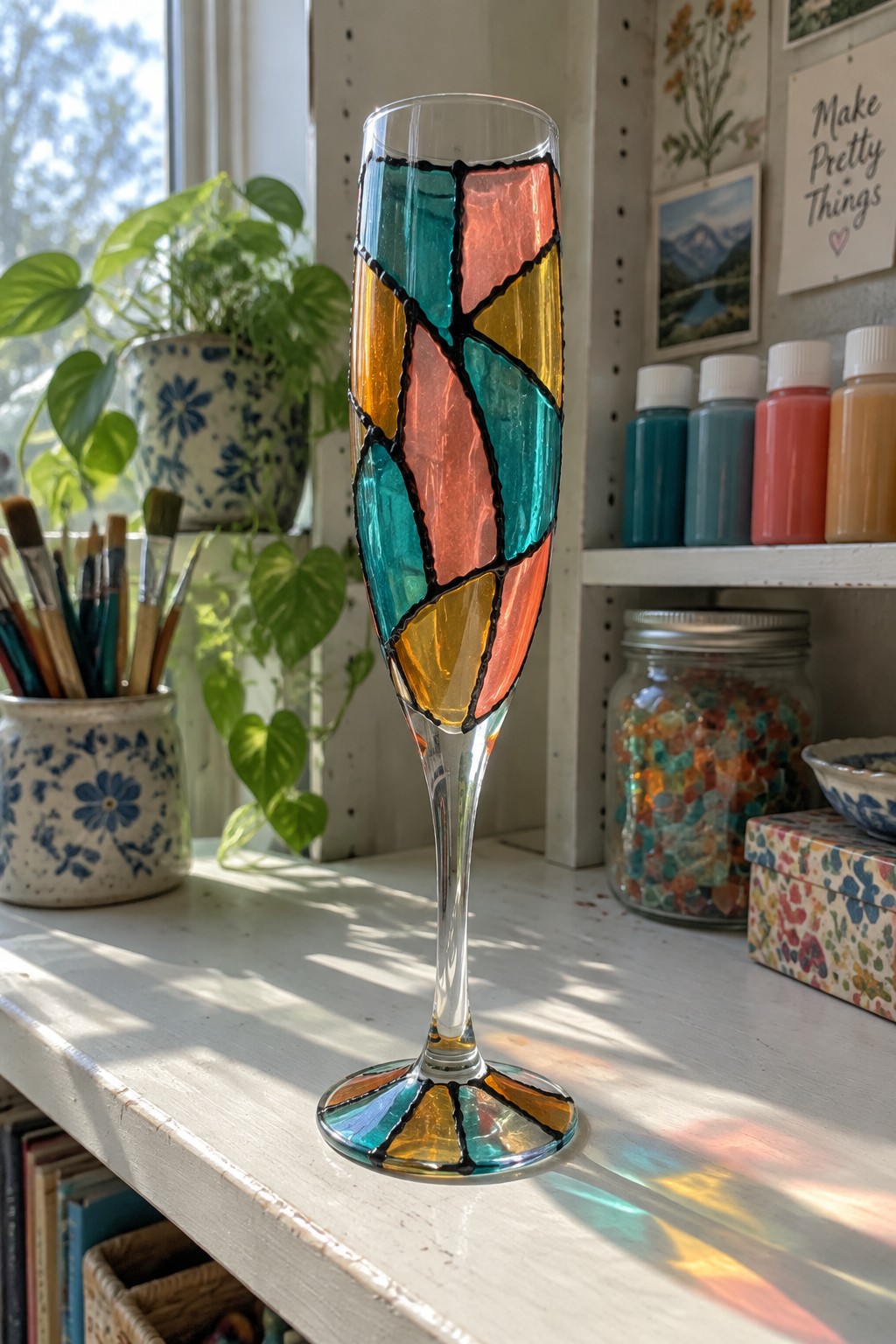 Colorful stained glass champagne flute on sunlit windowsill amid art supplies.