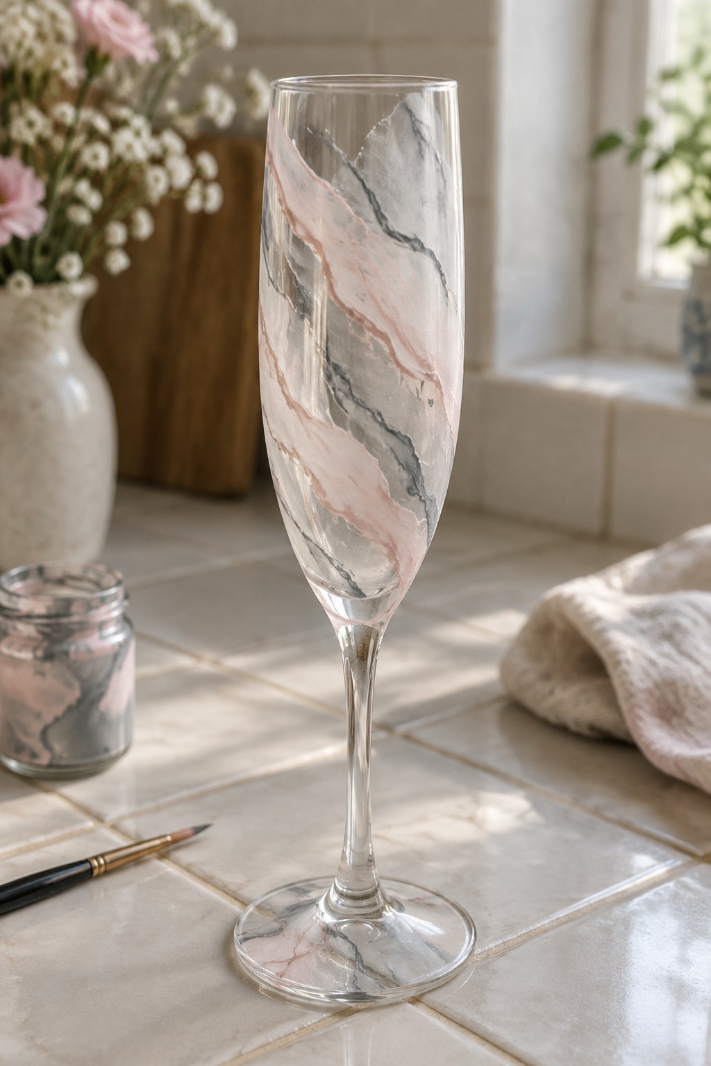 Pink and gray marbled champagne flute on tiled counter with paint jar and brush