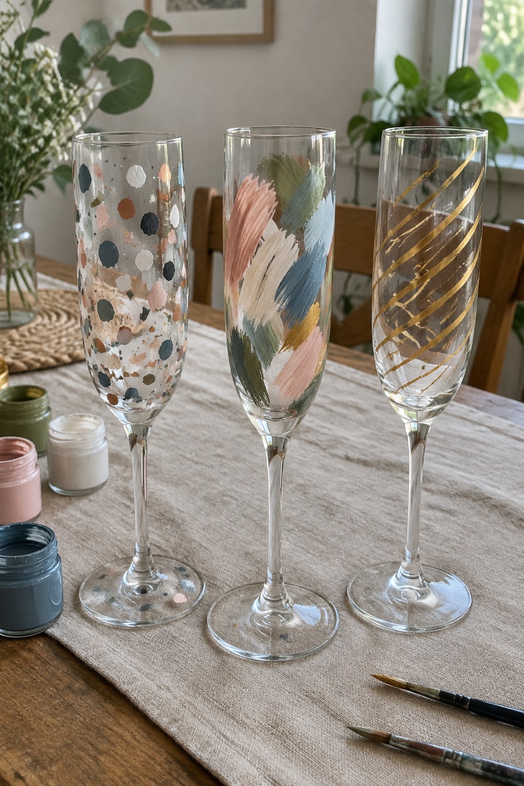 Three painted champagne flutes with dots, brushstrokes, and gold stripes beside open paint jars.
