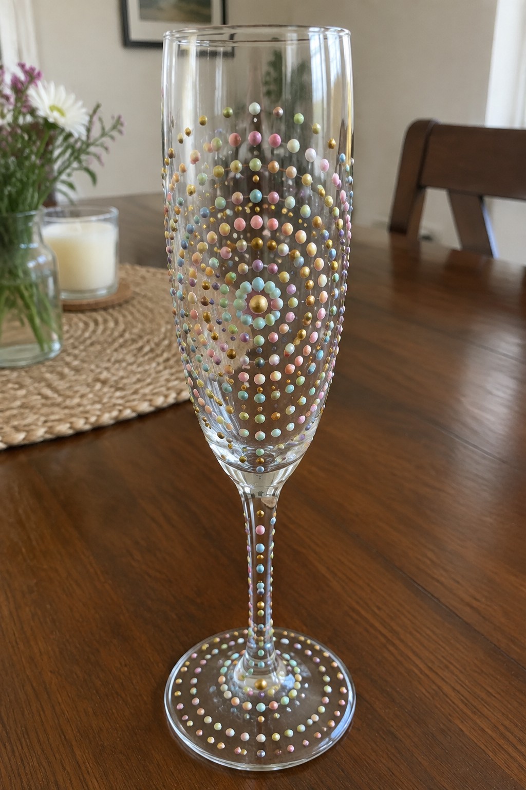 Champagne flute with colorful dotted mandala pattern on wooden table surface