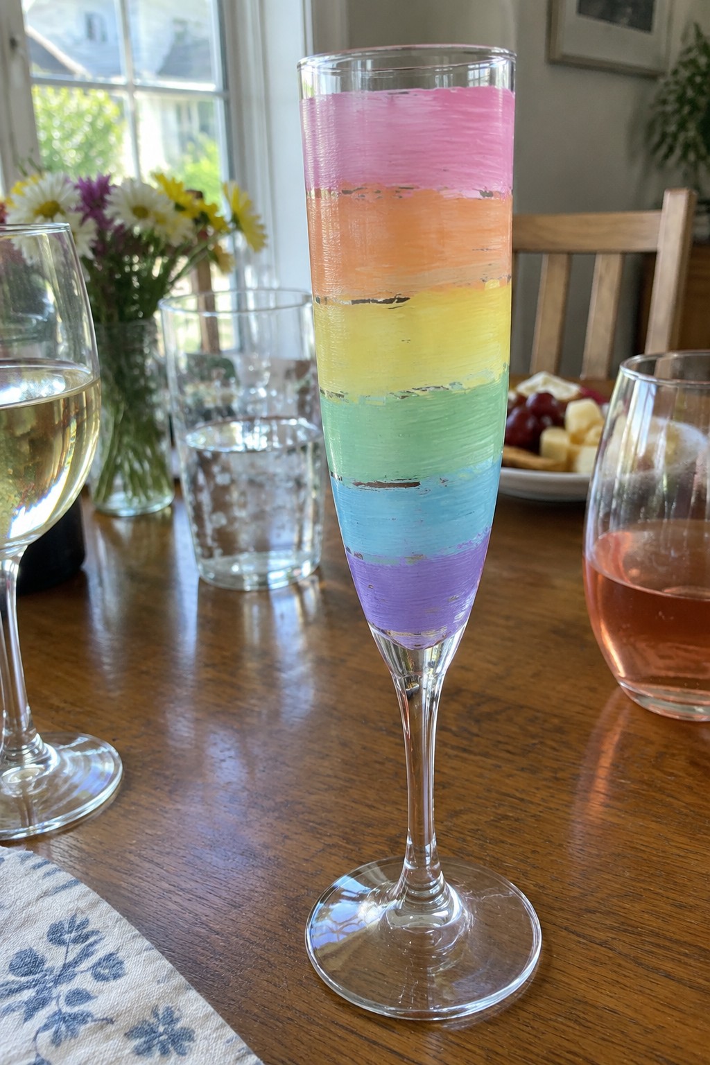 Rainbow-painted champagne flute on wooden table with wine glasses and flowers