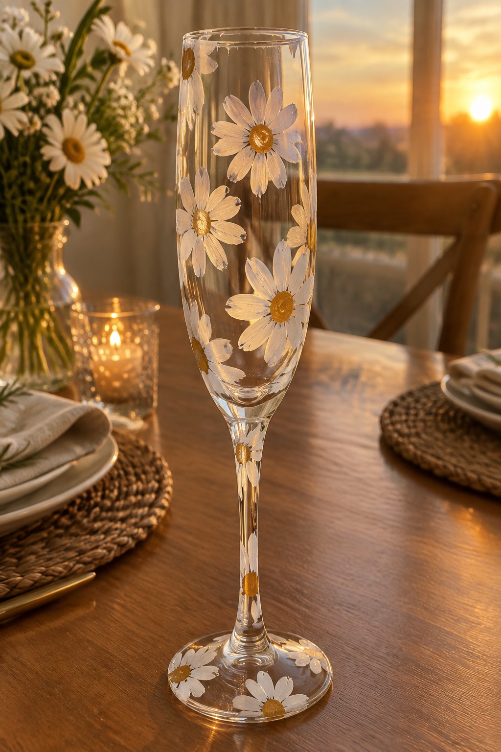 Elegant champagne flute painted with white daisies and gold centers on wooden table at sunset
