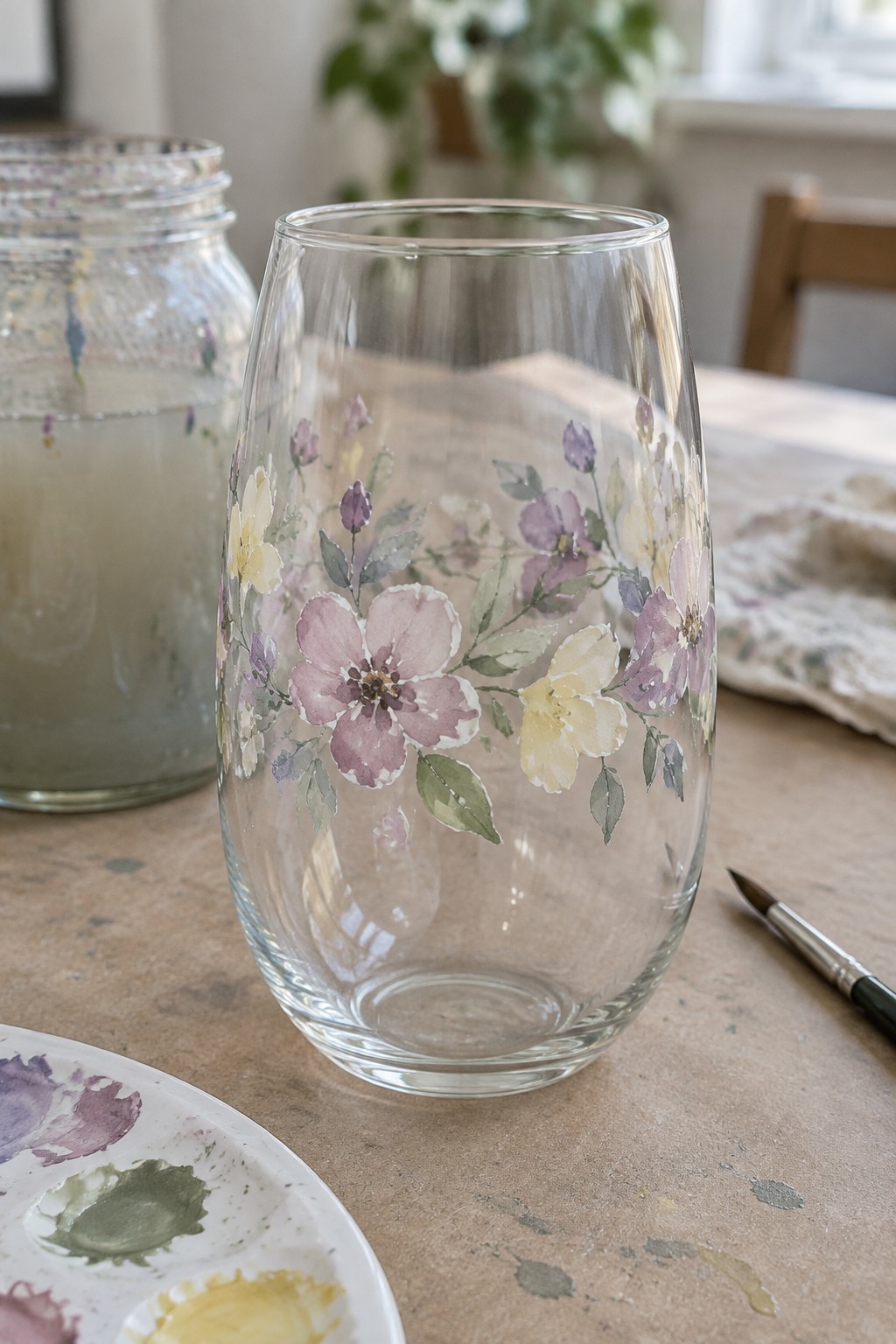 Watercolor-painted glass tumbler with purple and yellow flowers on wooden table beside palette and brush