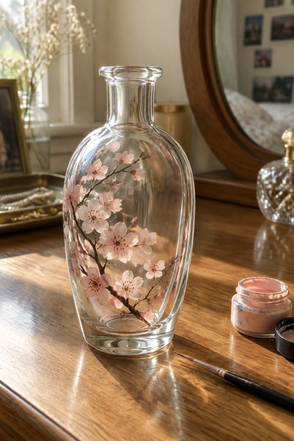 Glass vase with pink cherry blossoms beside paint jar and brush on wooden table