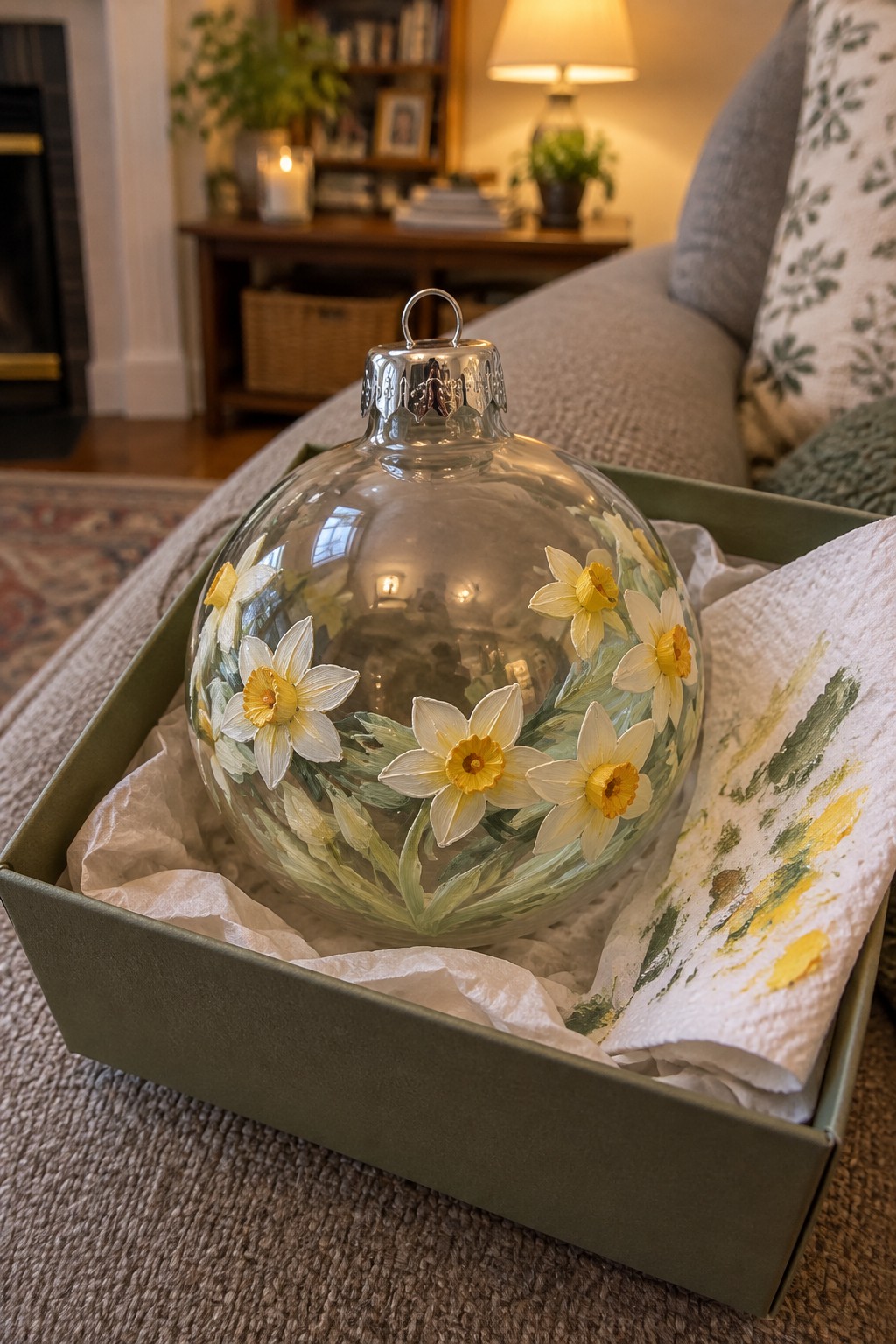 Glass ornament painted with daffodils in green box with paint-stained towel
