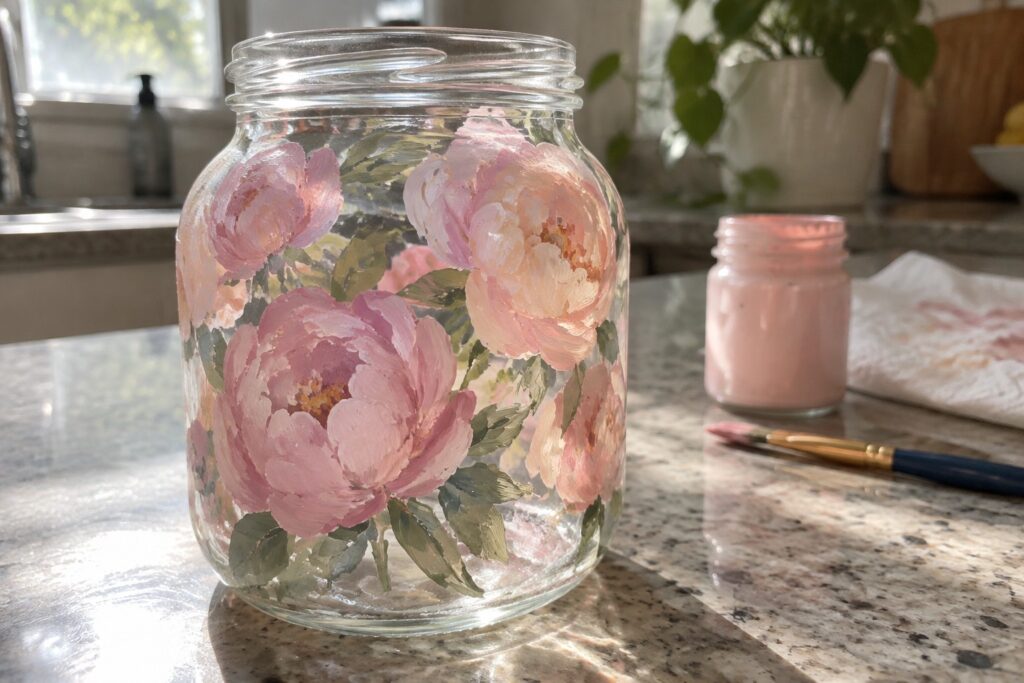 24 Practical Floral Glass Painting Ideas for Handmade Gifts Glass jar hand-painted with pink and peach peonies on marble countertop