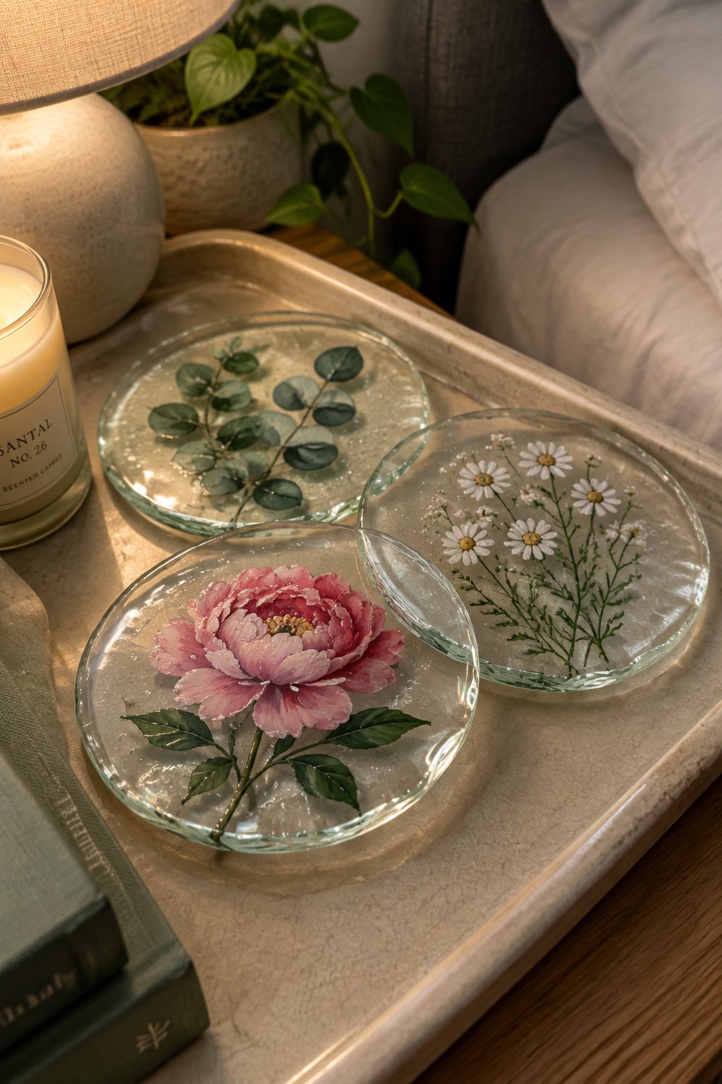 Three resin coasters with peony, daisies, and eucalyptus on a tray beside candle