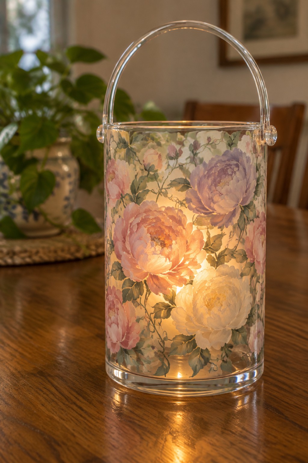 Glowing glass lantern with pink peonies on wooden table