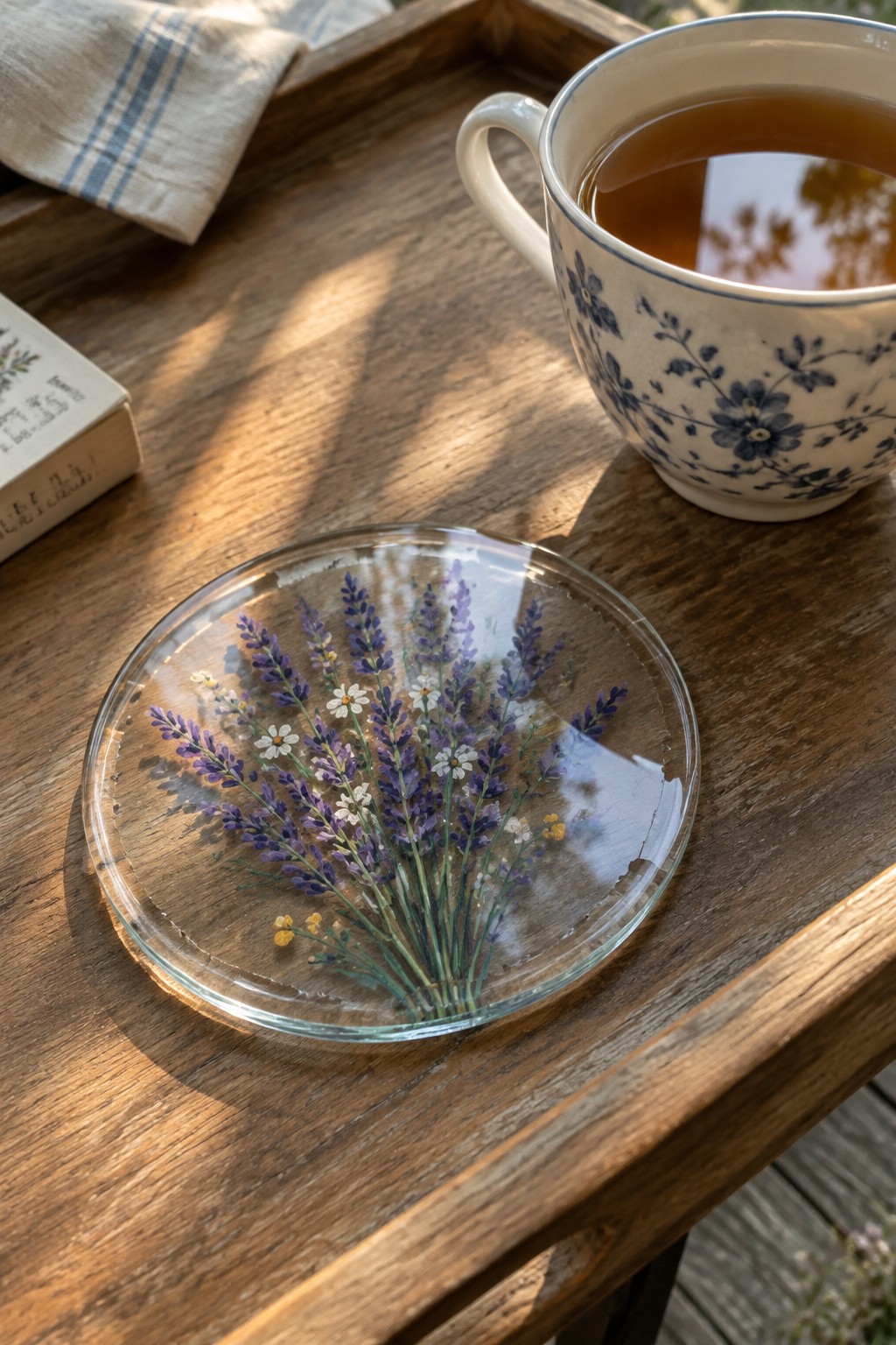 Round glass coaster with pressed purple lavender and white daisies beside floral teacup on wood.