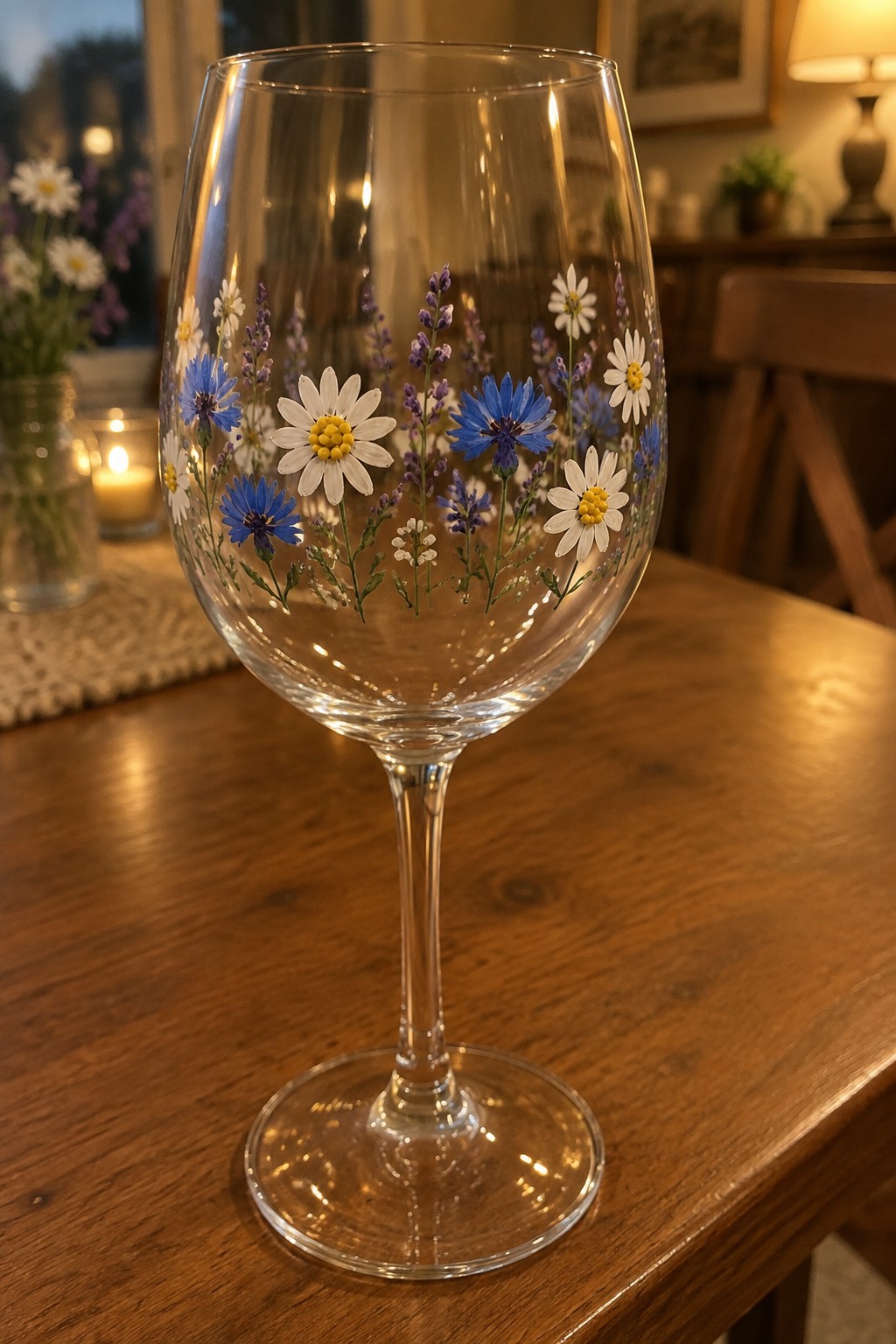 Clear wine glass hand-painted with white daisies, blue cornflowers, and purple lavender on wooden table.