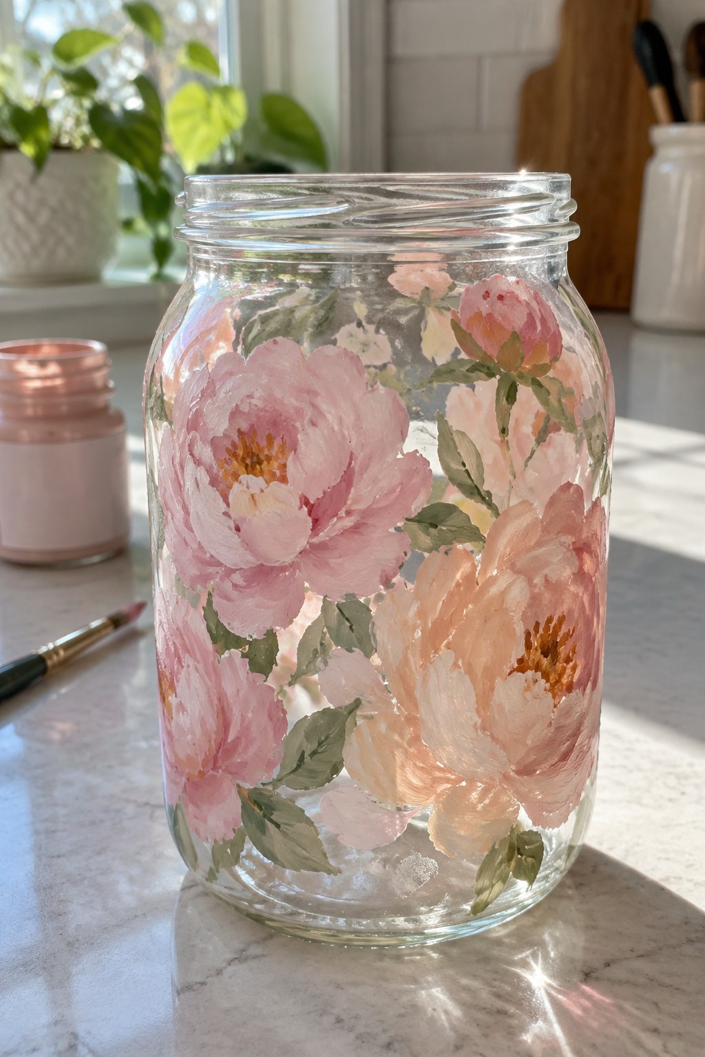 Glass jar hand-painted with pink and peach peonies on marble countertop