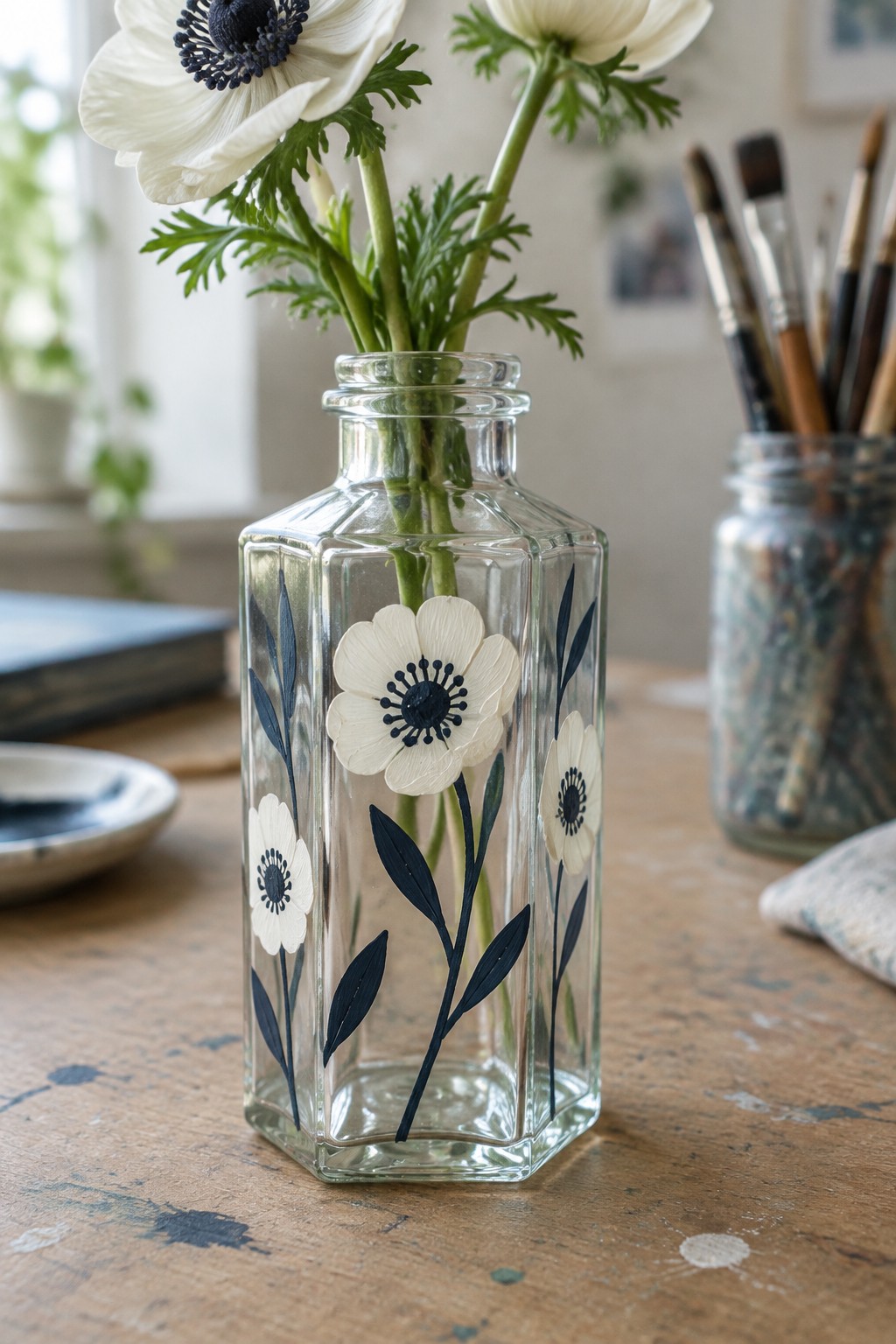 Clear glass bottle with painted flowers holding white anemones on wooden table