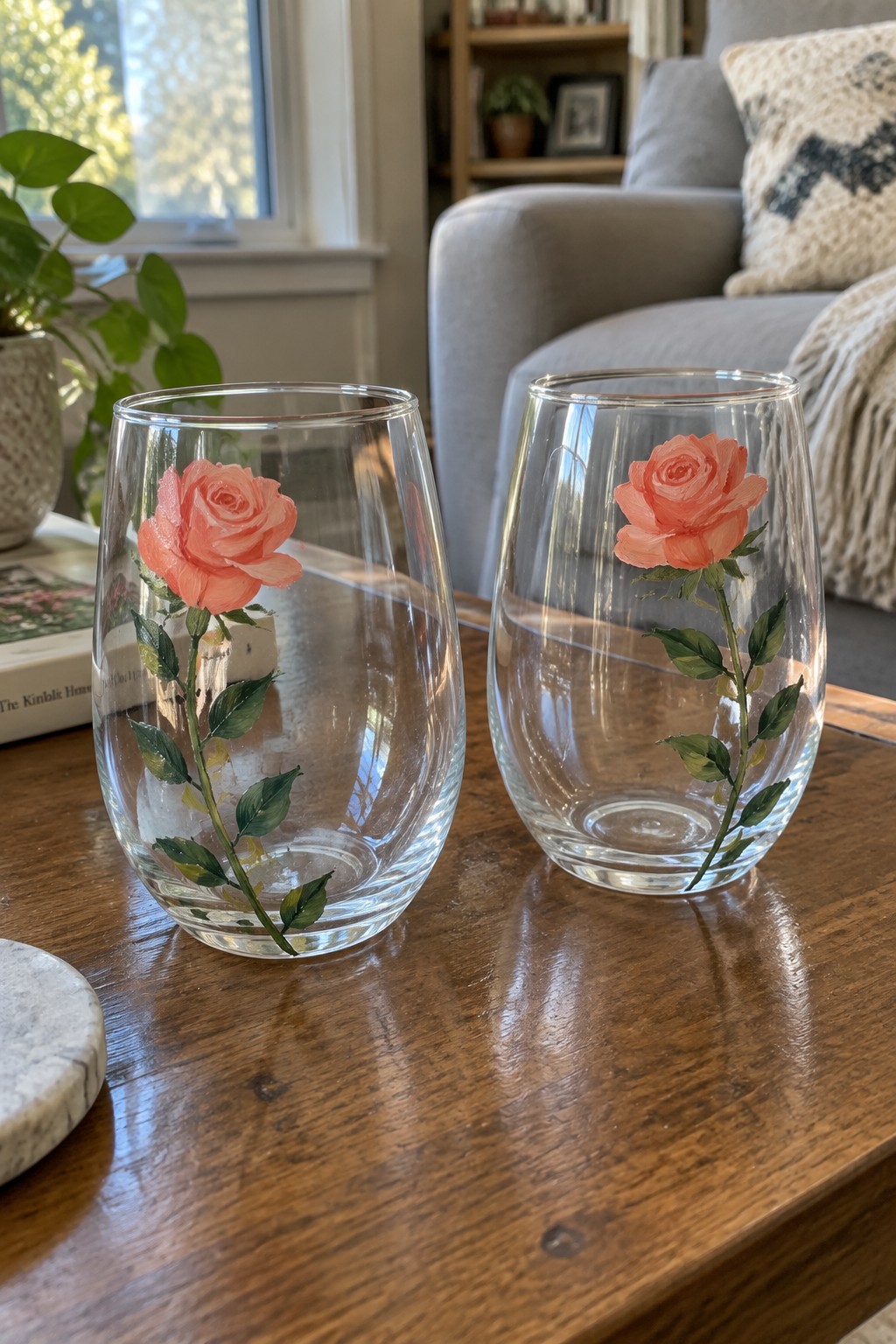 Two stemless wine glasses with painted coral roses on wooden table
