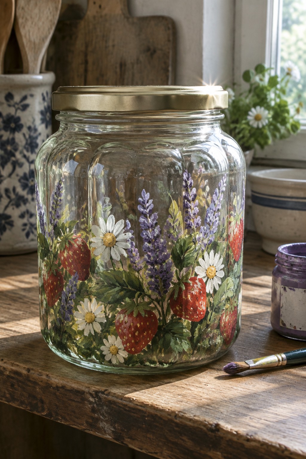 Glass jar hand-painted with strawberries, daisies, and lavender on wooden table