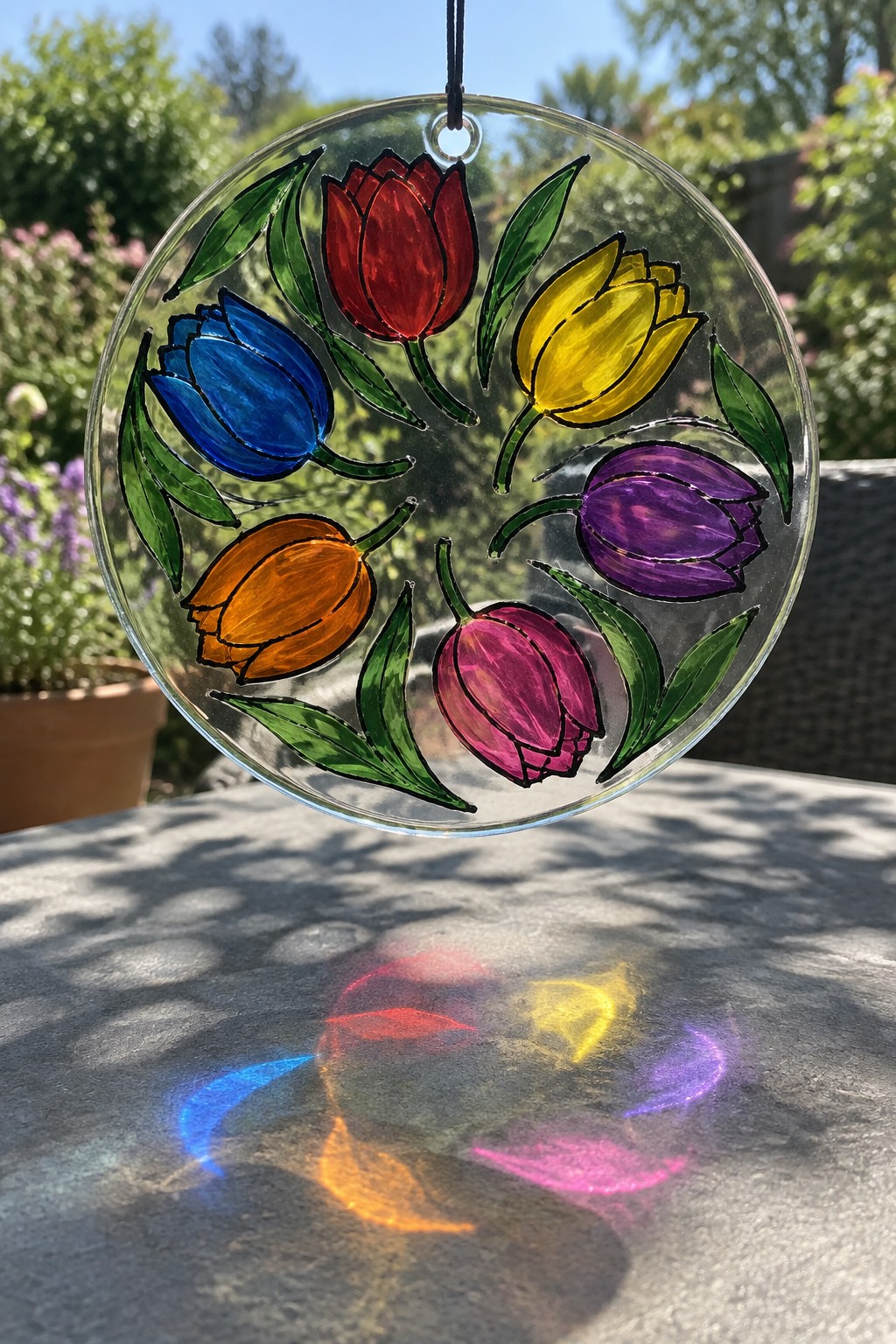 Circular glass suncatcher with rainbow tulips casting colorful shadows on stone table