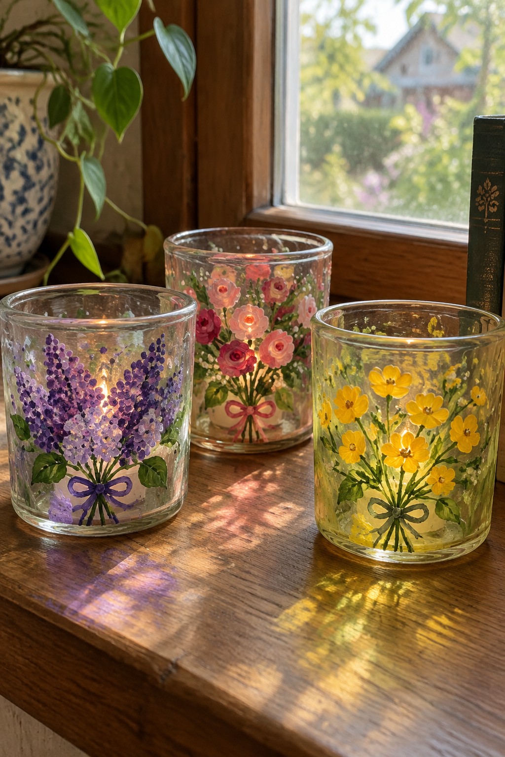 Three lit glass candles painted with purple lilacs, pink roses, and yellow flowers on wood.