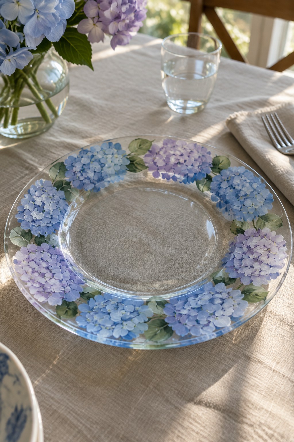 Clear glass plate with blue-purple hydrangea border beside water glass on linen table
