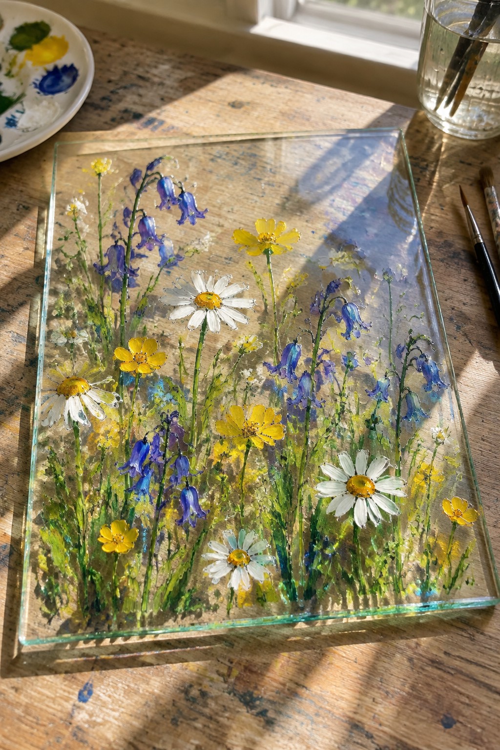 Wildflower painting on glass with daisies, bluebells, and yellow blooms amid art supplies