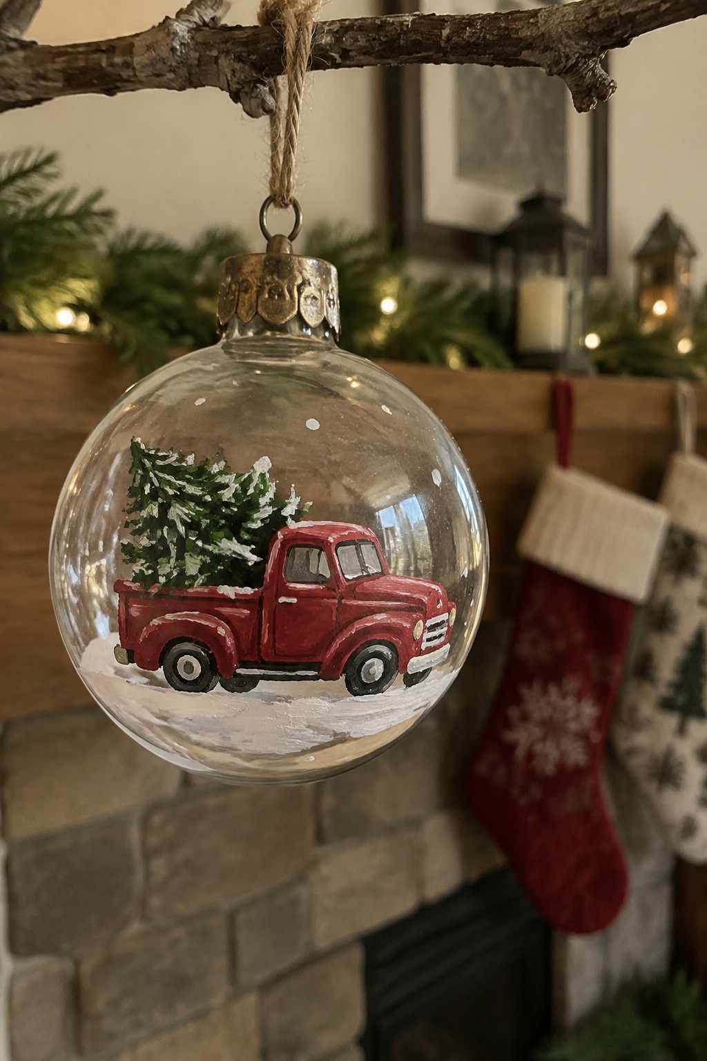 A clear glass Christmas ornament with a painted red truck and tree hangs from a branch near stockings.