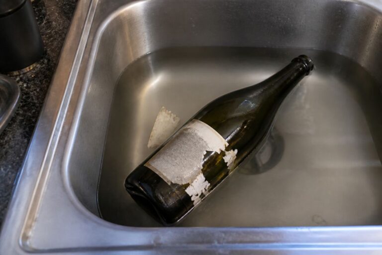 Green wine bottle soaking in a sink with the paper label peeling off