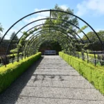 Metal arches over a garden path, a frame for training fruit trees into a tunnel